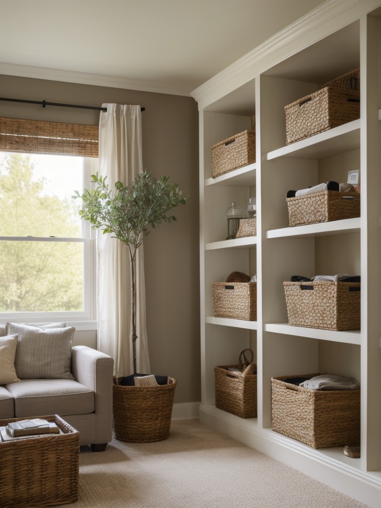 Use decorative baskets or storage cubes to corral and conceal items like blankets, pillows, or DVDs in the living room.