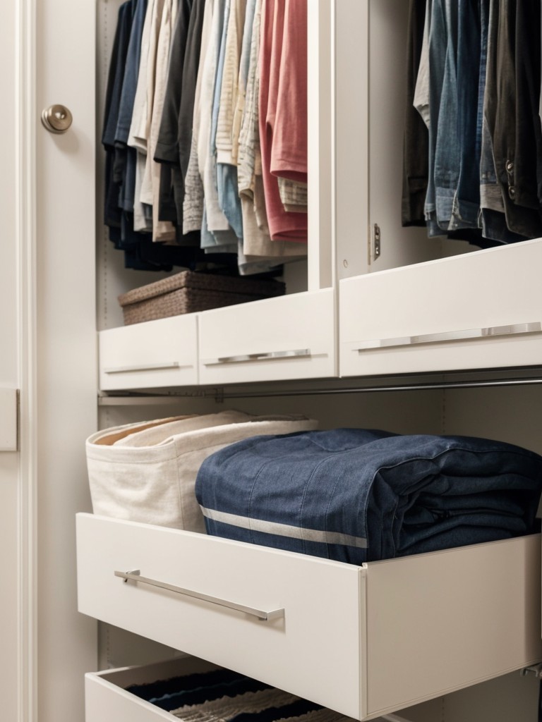 Use the space underneath hanging clothes in the closet to add a set of drawers or storage containers for folded clothes or accessories.