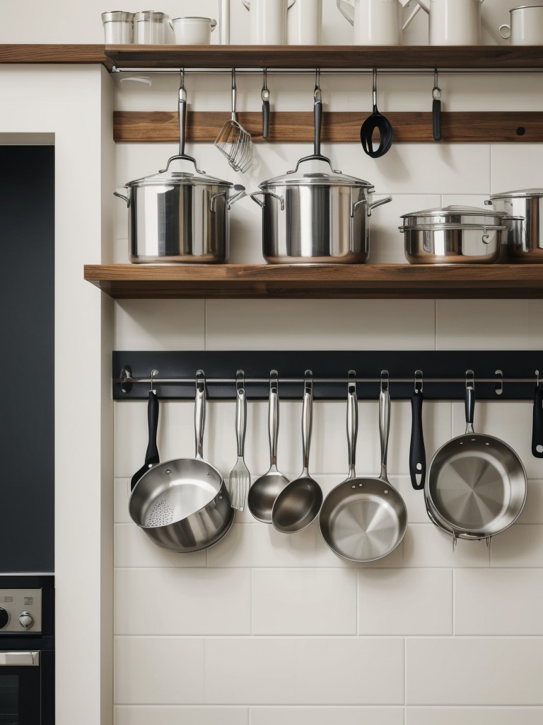Use vertical kitchen wall space for hanging pots, pans, or cooking utensils using hooks or rail systems.