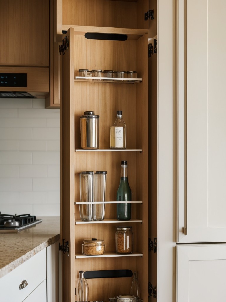 Utilize the inside of cabinet doors for adding small storage solutions, such as a mounted corkboard or magnetic strip for recipes or kitchen tools.