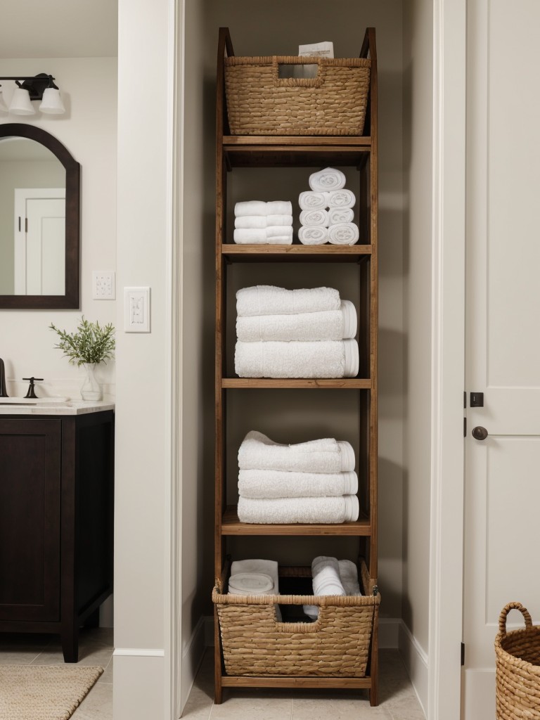Utilize the space above door frames by adding shelves or storage baskets to store items like towels, linens, or toiletries.