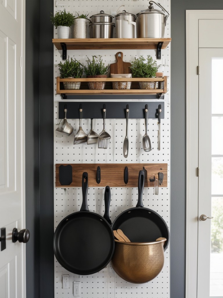 Hang a pegboard in the kitchen or entryway for easy access to pots, pans, and accessories.