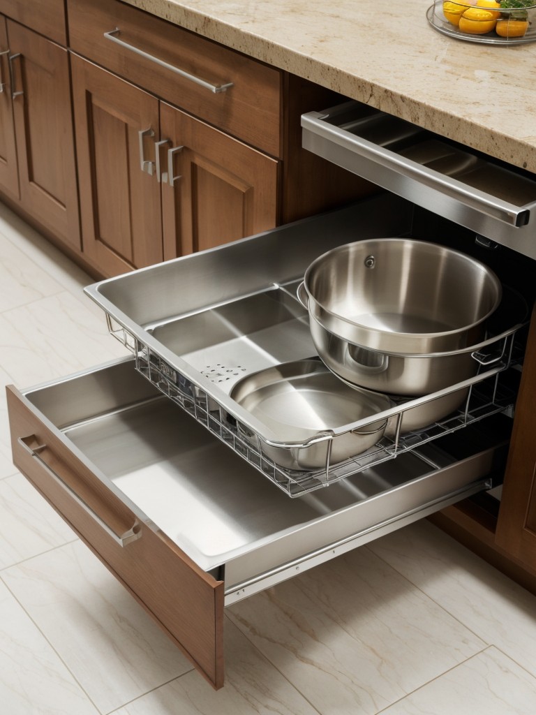 Maximize kitchen space with drawer dividers and shelf organizers for pots, pans, and dishes.