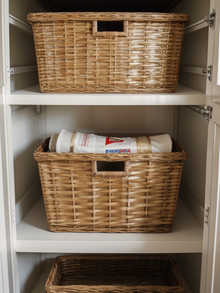 Use bins or baskets to organize items on open shelves or in closets.