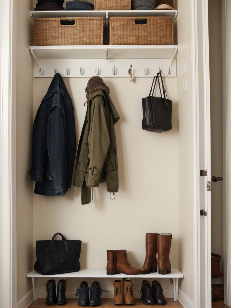 Add hooks or a wall-mounted coat rack for hanging coats, bags, and hats, and include a shoe rack or storage bench to keep footwear organized.