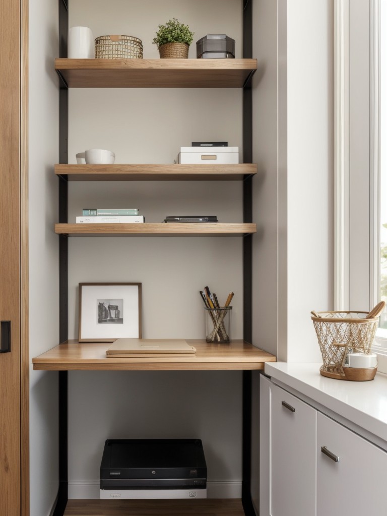 Consider incorporating storage solutions, such as floating shelves or a small filing cabinet, to keep your workspace organized and clutter-free.