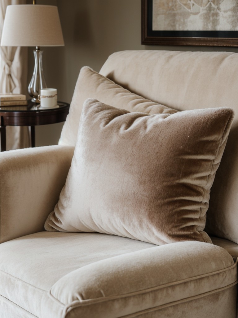 Incorporate soft and plush textures, like velvet or faux fur, through throw blankets, pillows, and area rugs to create a cozy atmosphere in your living room.