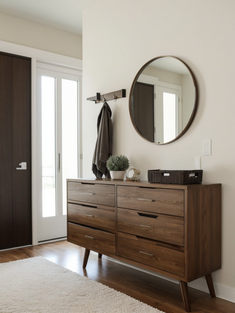 Incorporate a statement mirror and a console table with drawers to create a functional and stylish entryway in your apartment.