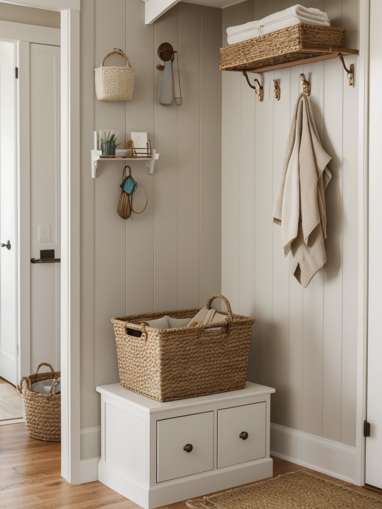 Keep your color palette neutral and opt for accessories that have a purpose, such as decorative storage baskets or functional wall hooks.