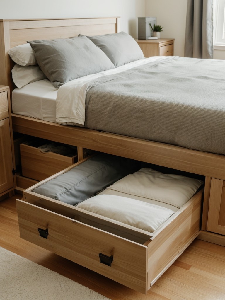 Opt for a platform bed with built-in storage drawers to maximize storage in a small bedroom, and utilize under-bed storage containers for seasonal items.