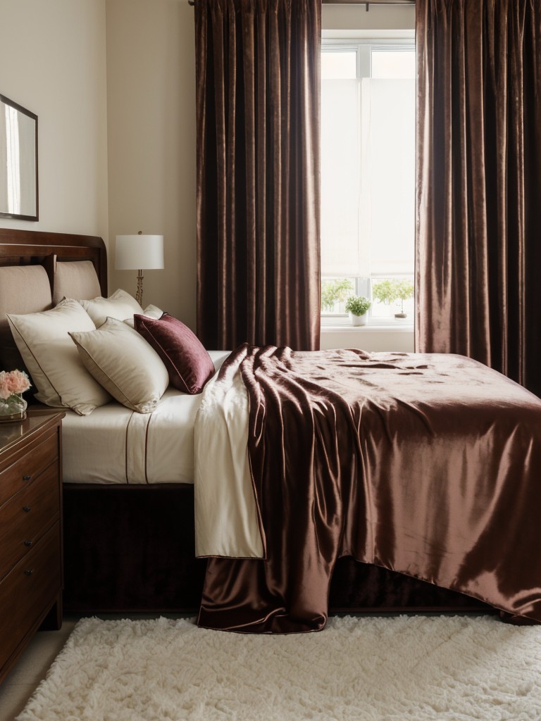 Use rich and sensual textures, like velvet or silk, in your bedding and curtains to add a touch of luxury and romance to your apartment bedroom.