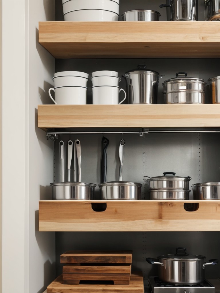 Utilize vertical space by installing floating shelves or a pegboard to store your kitchen utensils, pots, and pans.