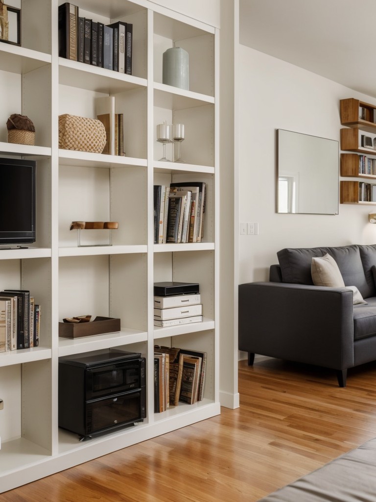 Utilize vertical space with tall bookshelves or wall-mounted storage units to maximize storage in a small studio apartment.