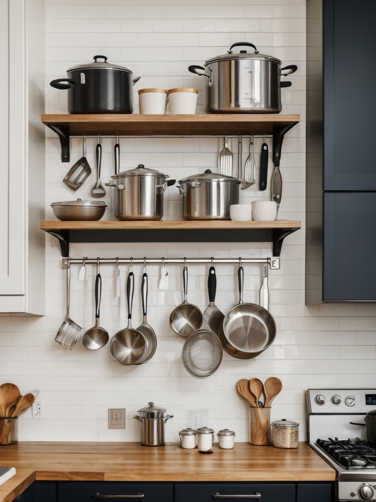 Install a pegboard or magnetic strip on the kitchen wall to hang utensils, pots, and pans, freeing up cabinet space.