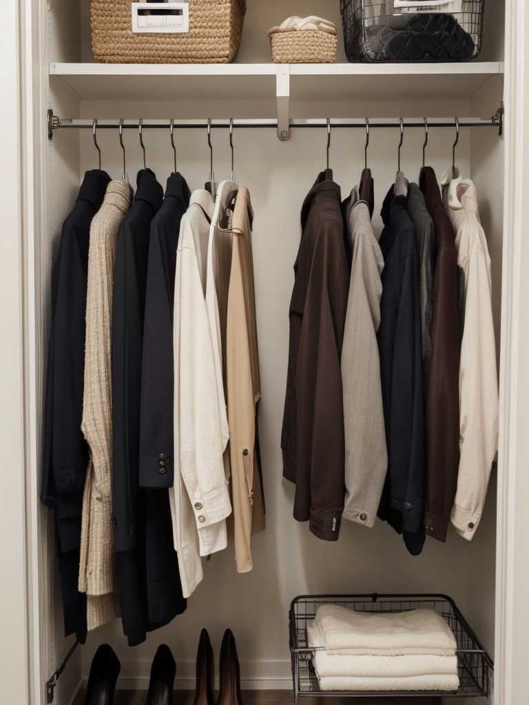 Invest in space-saving hangers or hooks to maximize closet space and keep things organized.