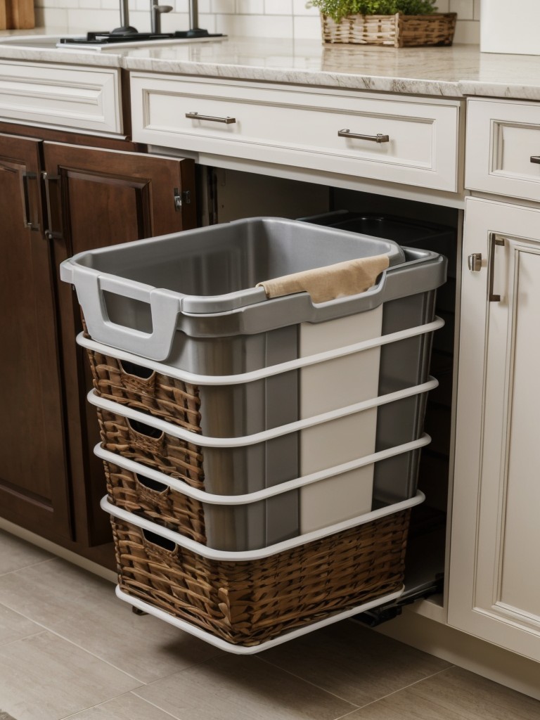 Make use of wasted space above kitchen cabinets by adding decorative baskets or bins to store seldom-used items.