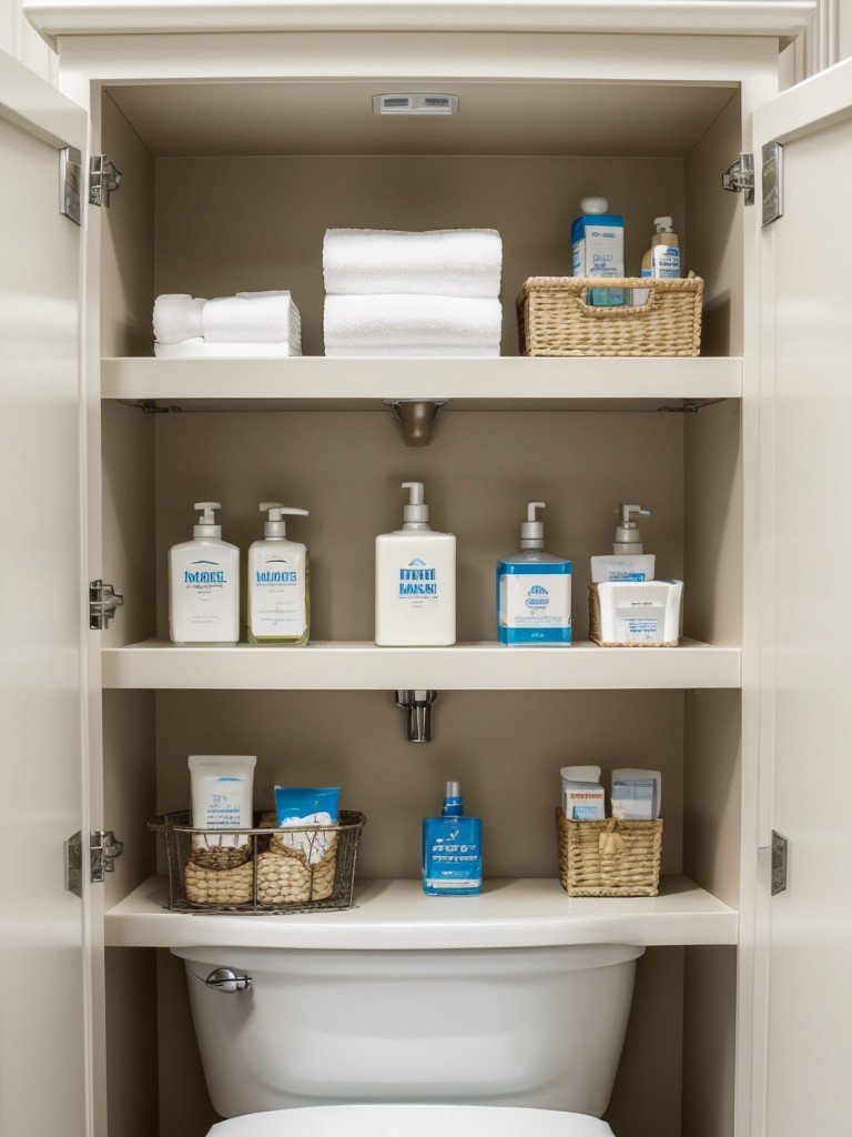 Maximize bathroom storage by using over-the-toilet shelving units or a wall-mounted medicine cabinet for toiletries and essentials.