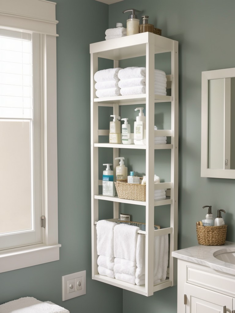 Maximize space in the bathroom by using over-the-door organizers, floating shelves, and wall-mounted cabinets for toiletries and towels.
