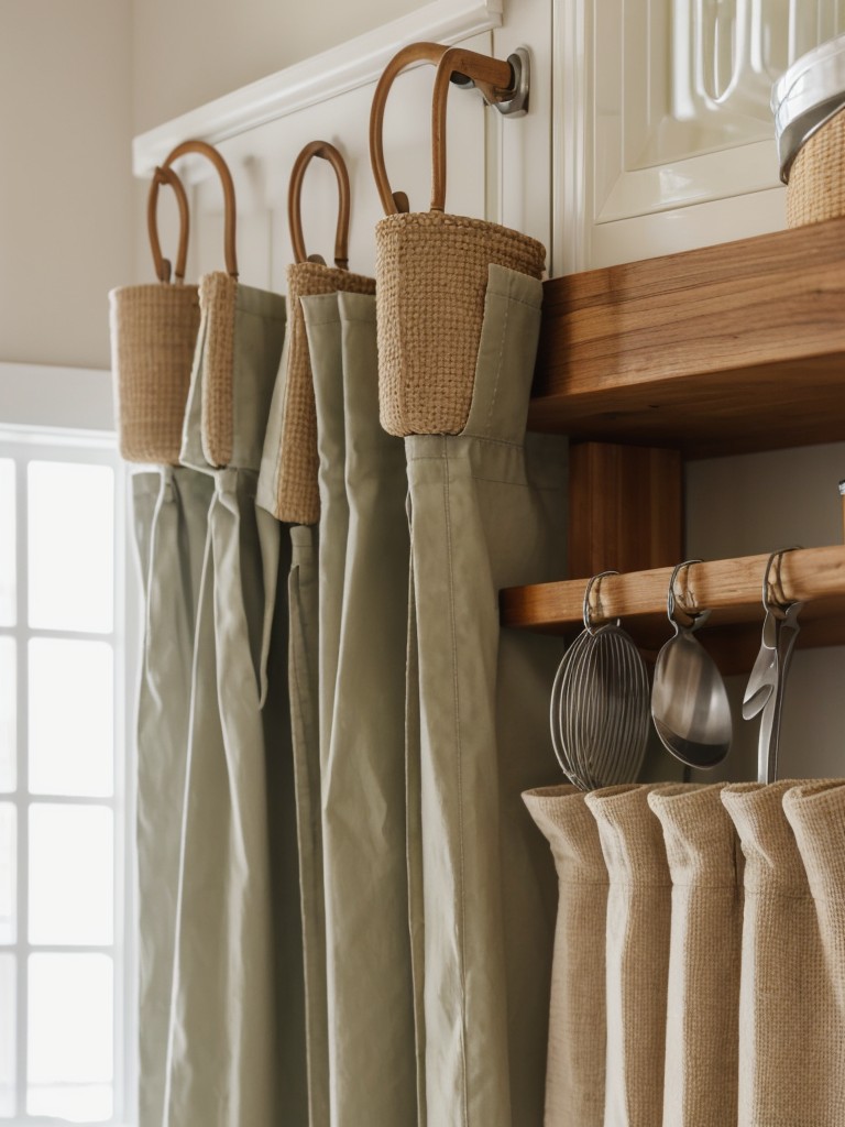 Use curtain rods with hanging baskets or hooks in the kitchen to store utensils, spices, or cooking utensils.