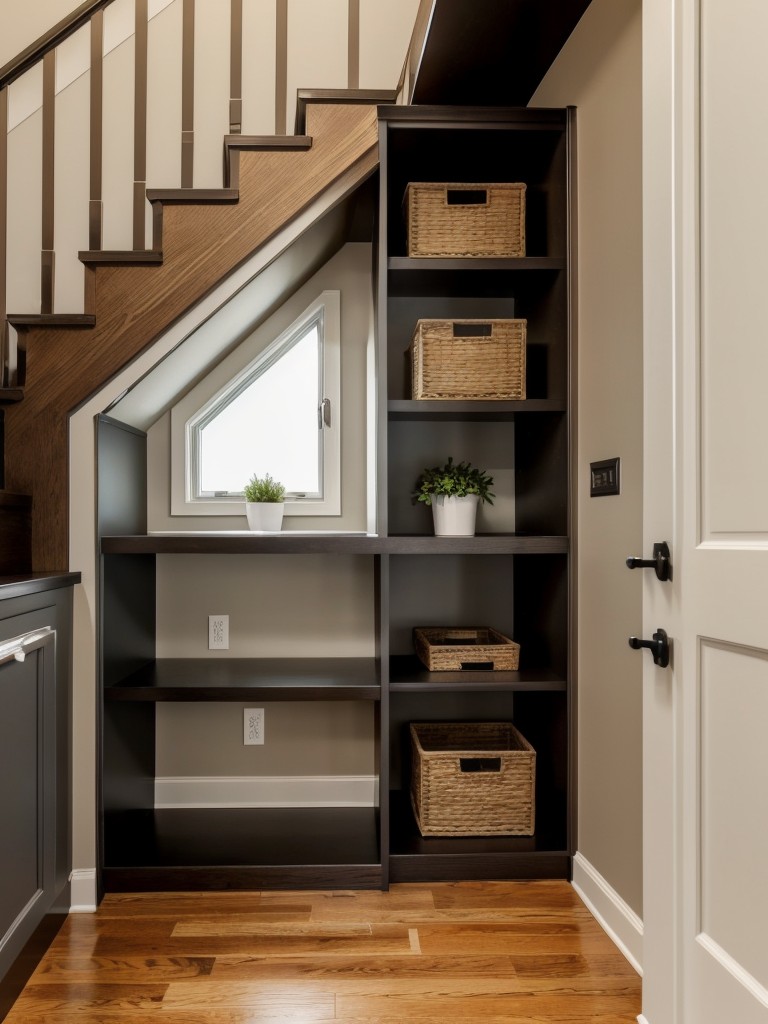 Utilize the space under the stairs by installing built-in cabinets, shelves, or even a hidden home office.