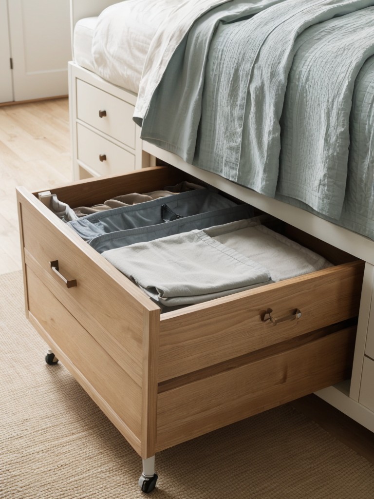 Using clever storage solutions under the bed, such as drawers or baskets, to store linens, clothing, or other belongings.