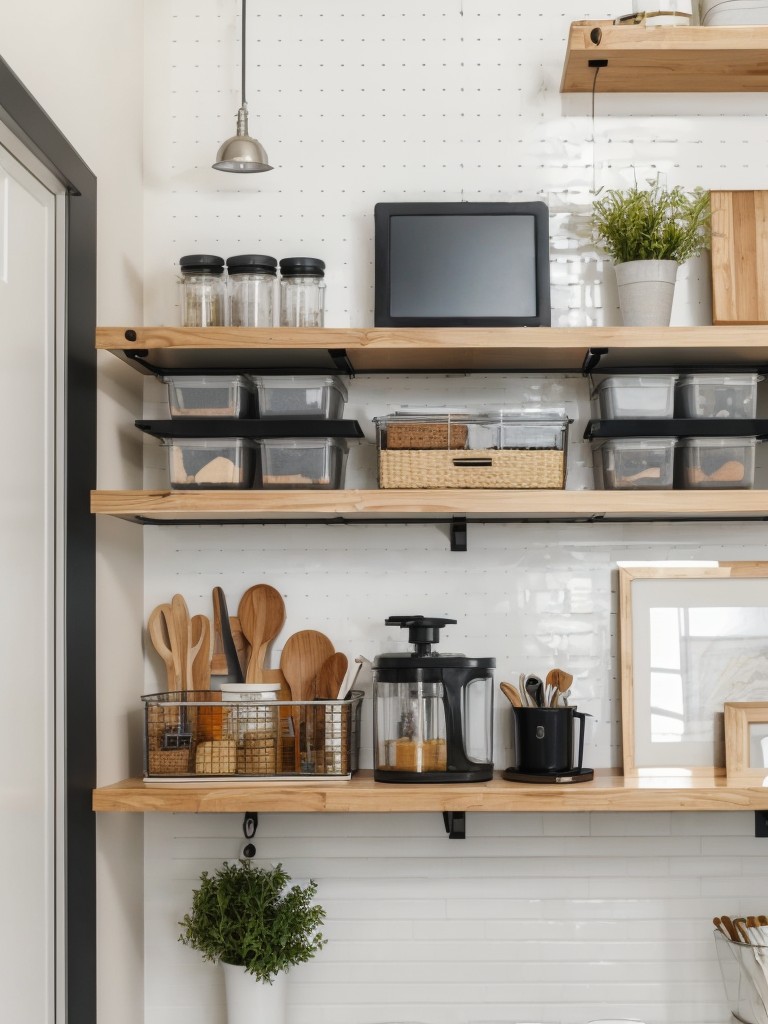Utilizing wall space by hanging floating shelves or a pegboard for additional storage and organization.