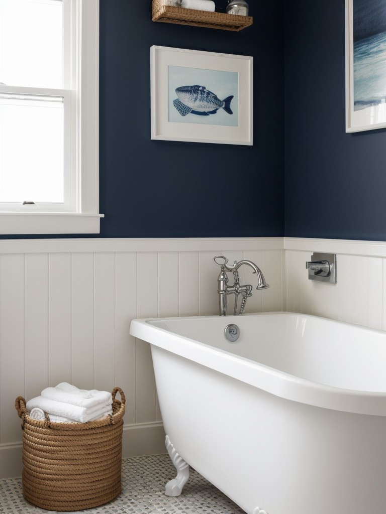 Creating a nautical-inspired bathroom with navy blue and white accents, seashell decor, and rope detailing.