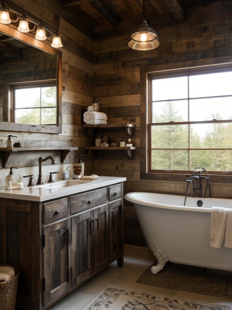 Creating a rustic-inspired bathroom with distressed wood, vintage fixtures, and traditional accessories.