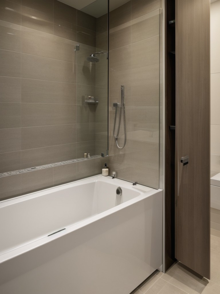 Emphasizing functionality with a combination shower/bathtub, dual-purpose furniture, and smart storage options.