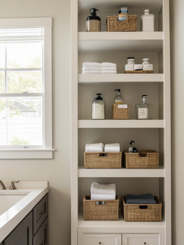 Incorporating open shelving or ladder-style storage for towels and toiletries to keep the area organized.