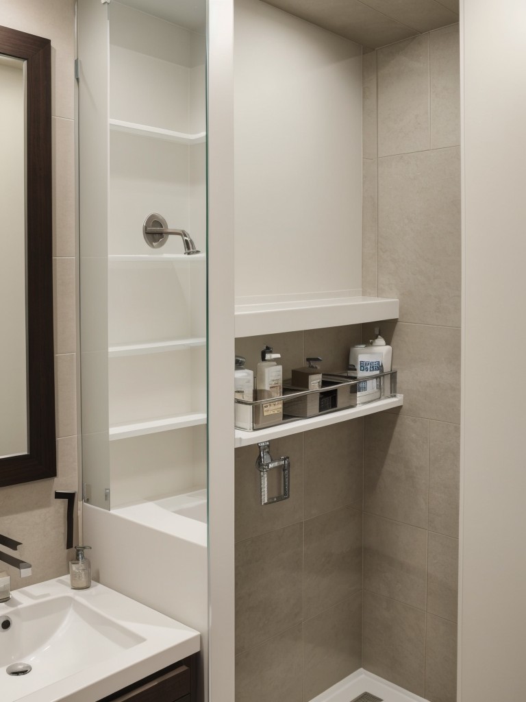 Maximizing space with a corner shower, floating vanity, and wall-mounted storage.