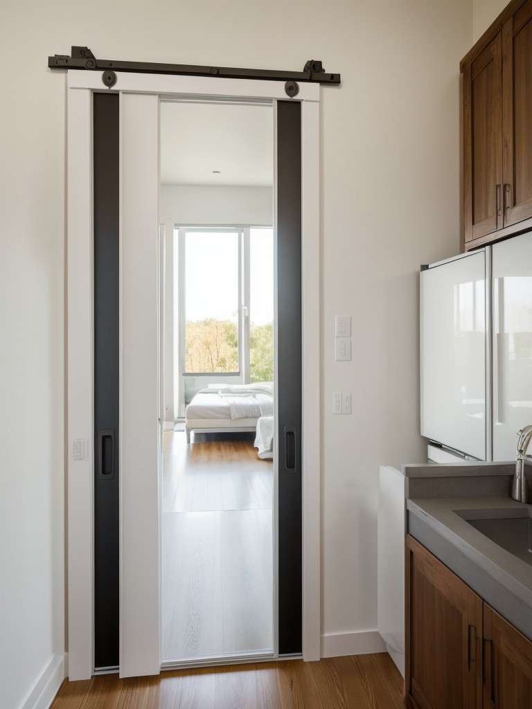 Utilizing a pocket door or sliding door to save space and create a seamless flow within the studio.