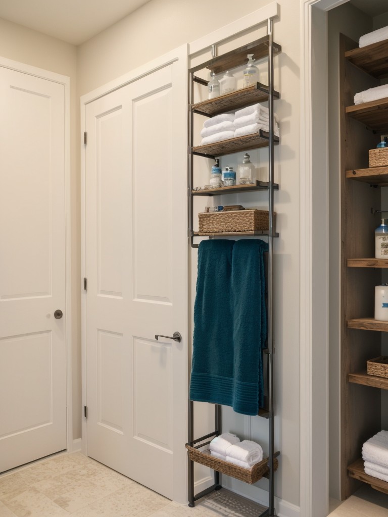 Utilizing vertical space by adding hooks, shelves, or towel racks on the walls or behind the bathroom door.