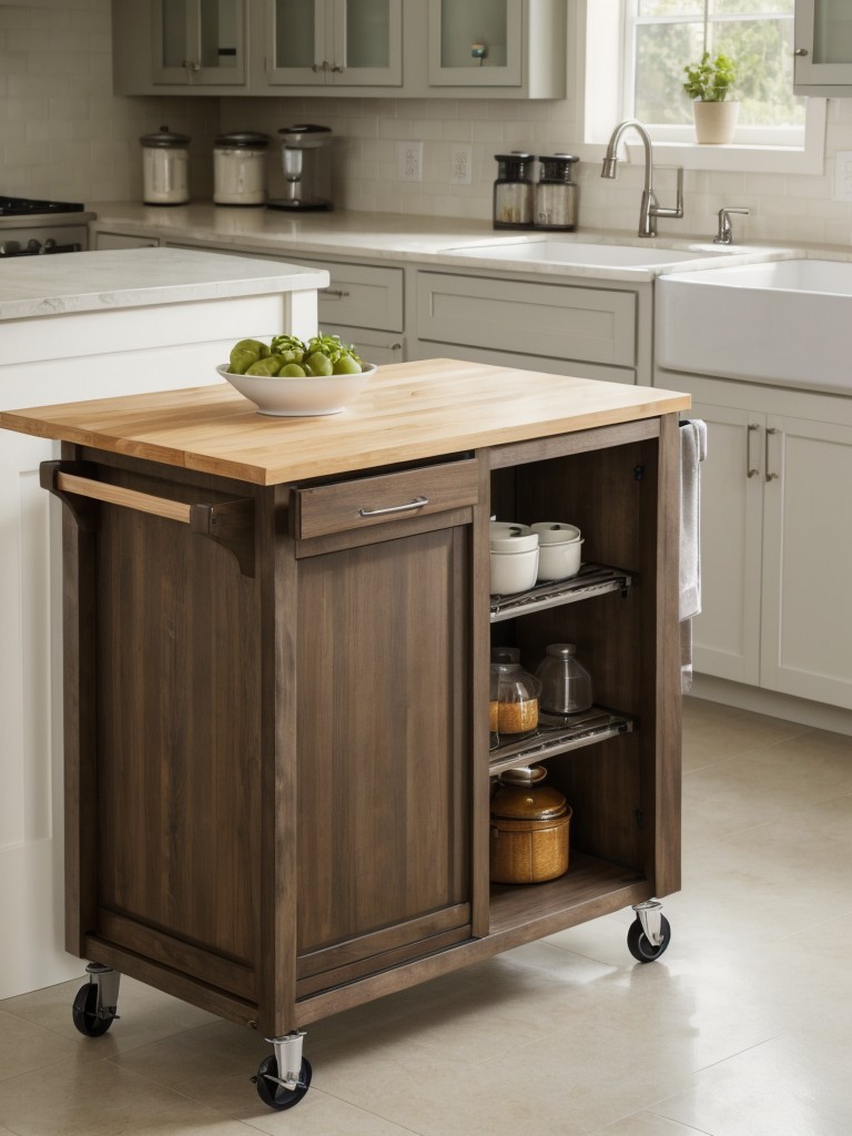 Incorporate a rolling cart or kitchen island with built-in storage to maximize counter space.