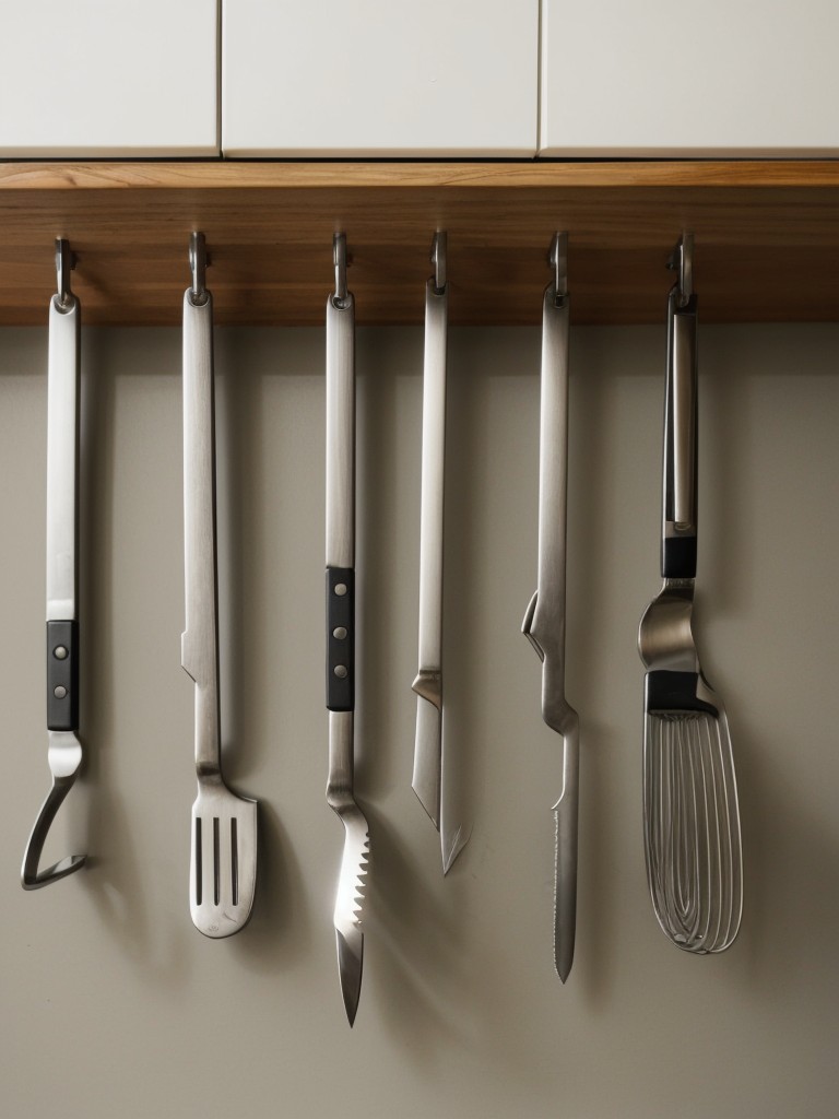 Install a magnetic knife strip or hooks to keep your kitchen tools within reach.