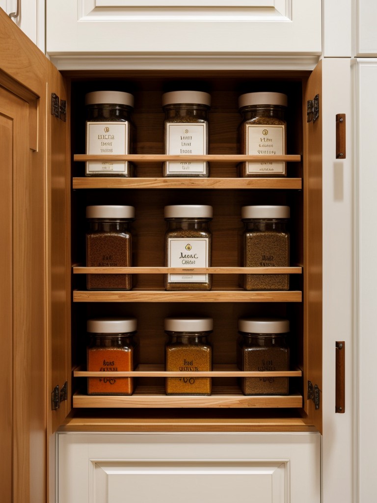 Install a spice rack on the inside of a cabinet door or along a wall for easy access.