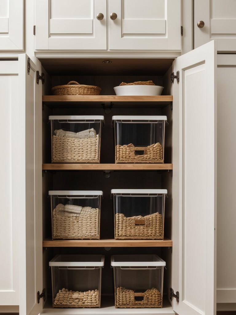 Utilize the inside of cabinet doors for extra storage by adding hooks or mini shelves.