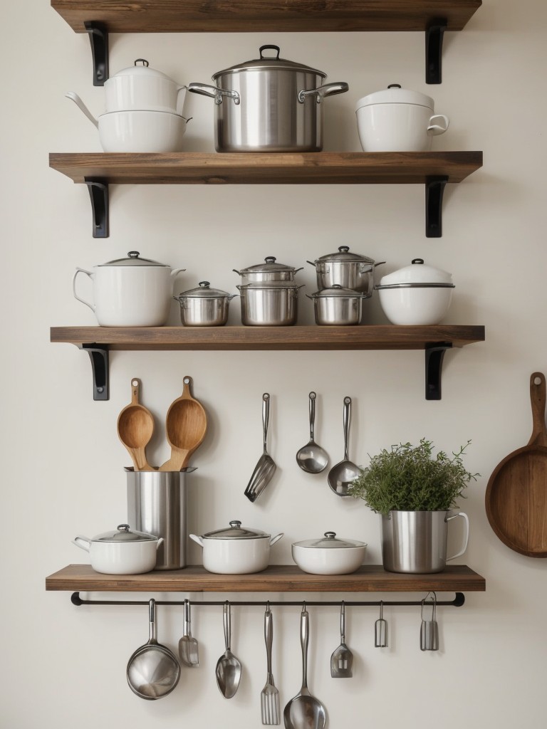 Utilize vertical space with wall-mounted shelves or racks for pots, pans, and utensils.