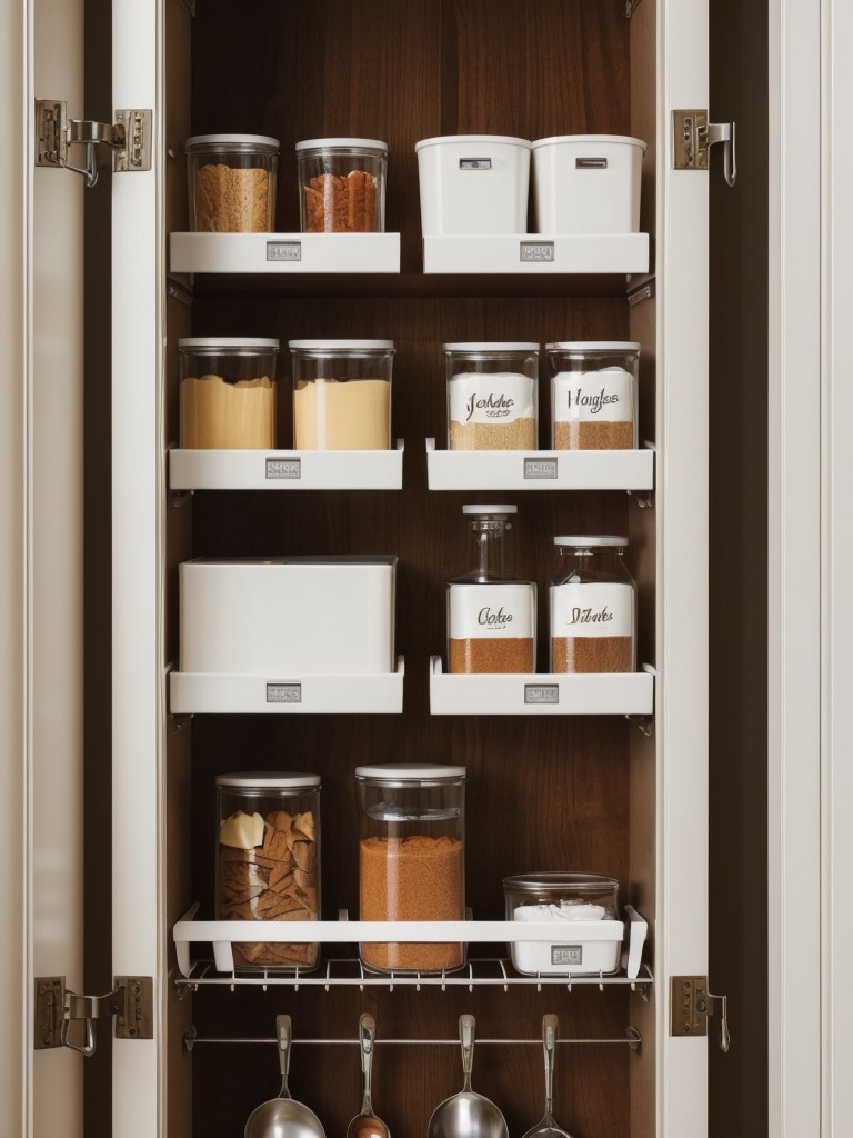 Consider using hooks or adhesive storage solutions inside cabinet doors to hang measuring cups, potholders, and other small items.