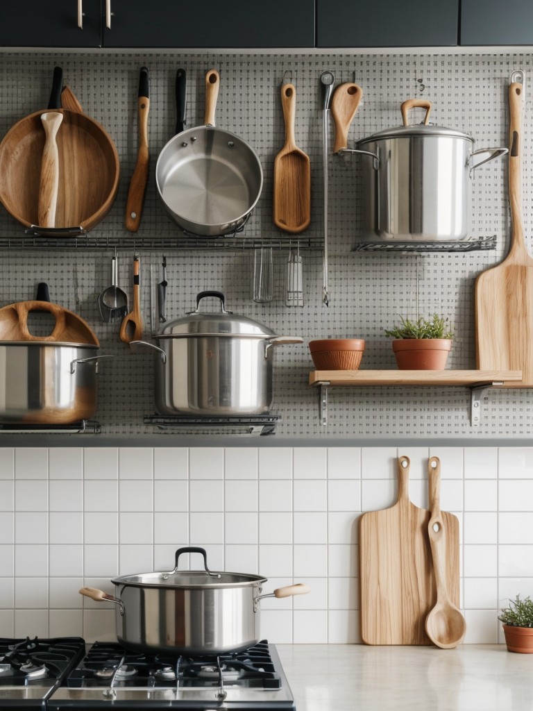 Consider using a pegboard or hanging wall grid to hang pots, pans, and cooking utensils.
