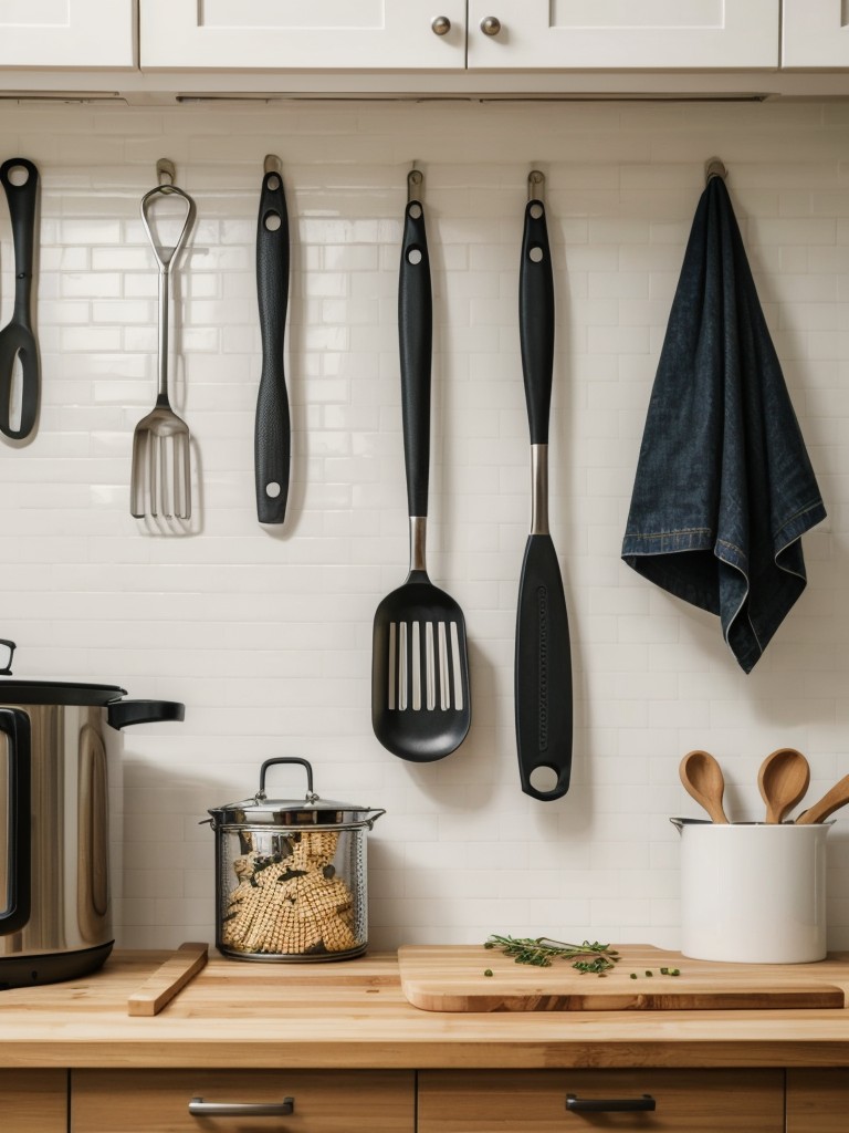 Hang a pegboard or wall grid near your prep area for easy access to cooking utensils and cutting boards.