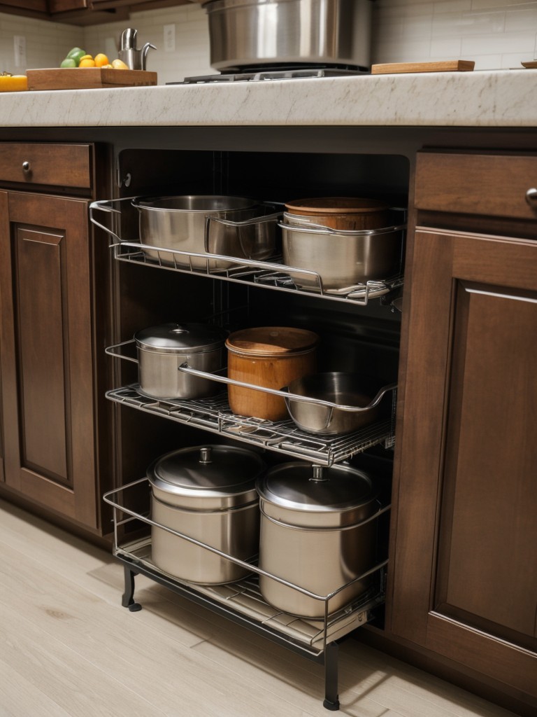 Install a pot rack above the stovetop or kitchen island for easy access and to free up cabinet space.