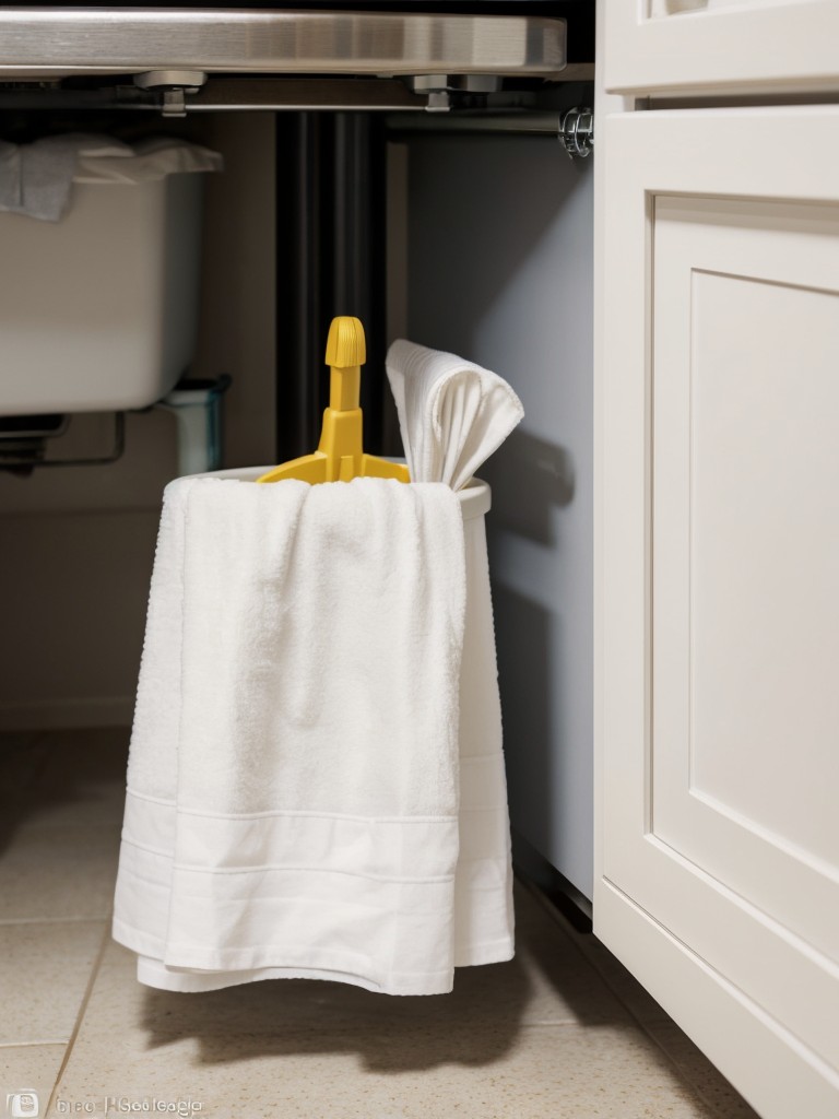 Install a tension rod under the sink to hang cleaning supplies or dish towels.