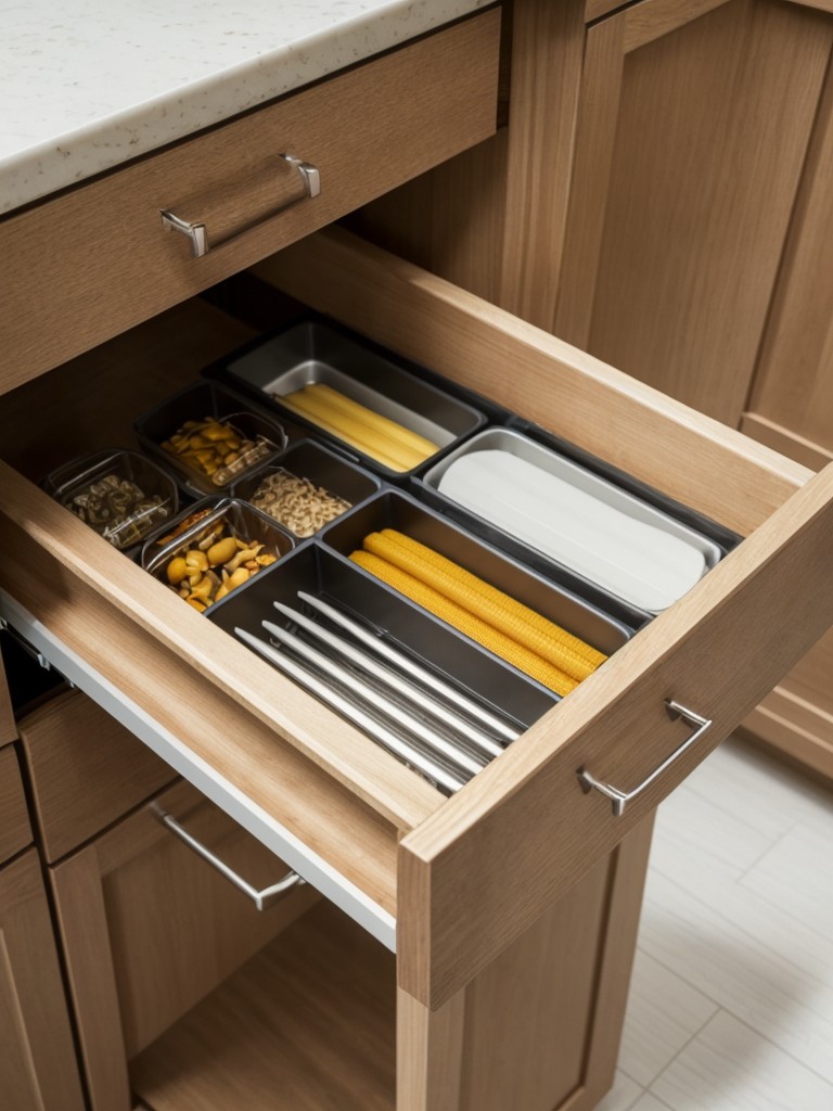 Look for innovative solutions like stackable bins or drawer dividers to organize smaller kitchen items efficiently.