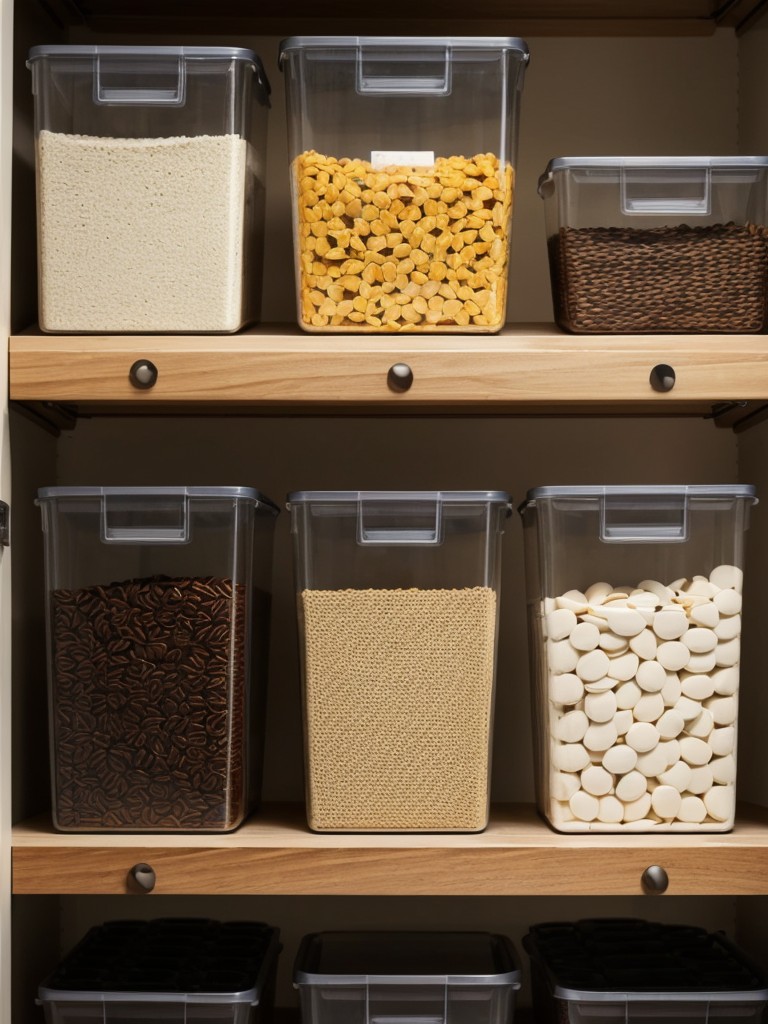 Maximize storage in the pantry by using stackable containers, labeled bins, and adjustable shelving.