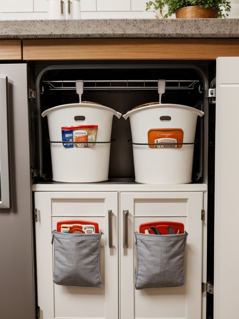 Use adhesive hooks on the inside of cabinet doors to hang oven mitts, pot holders, or small kitchen tools.