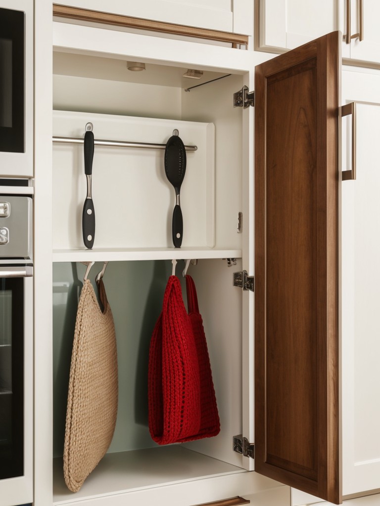 Use the insides of cabinet doors to hang hooks for kitchen utensils or oven mitts.