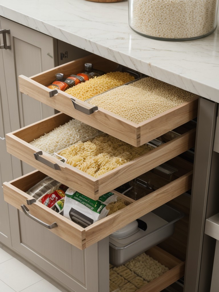 Use stackable storage containers for dry goods like rice, pasta, and cereal to maximize space in your cabinets.