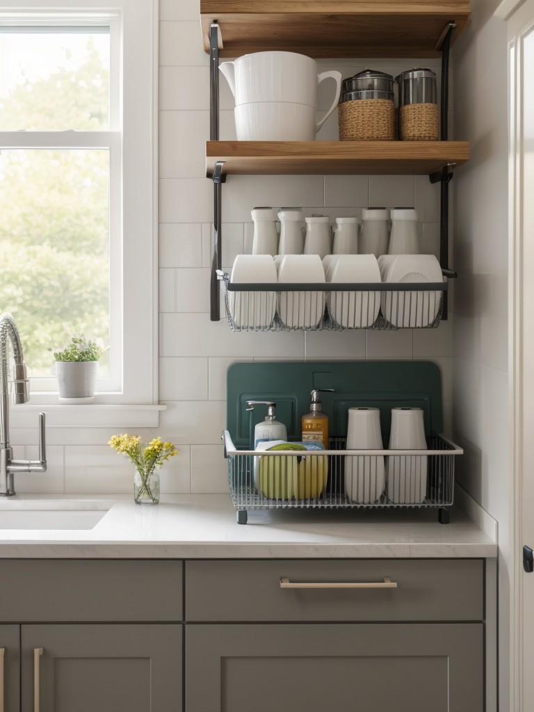 Utilize the space above the sink by adding storage shelves or a hanging dish rack.