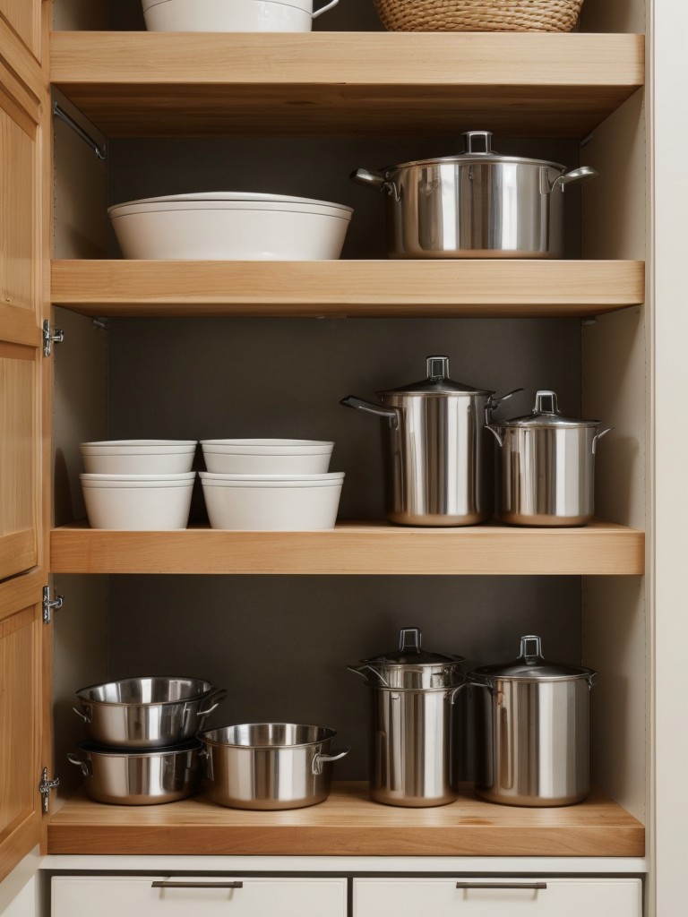 Utilize vertical space by installing hanging shelves or racks for pots, pans, and utensils.